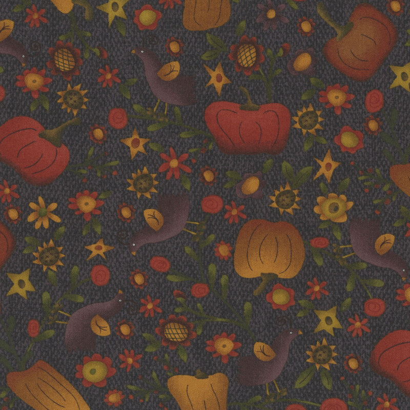 A woven textured black brown fabric with scattered pumpkins, quail, and sunflowers