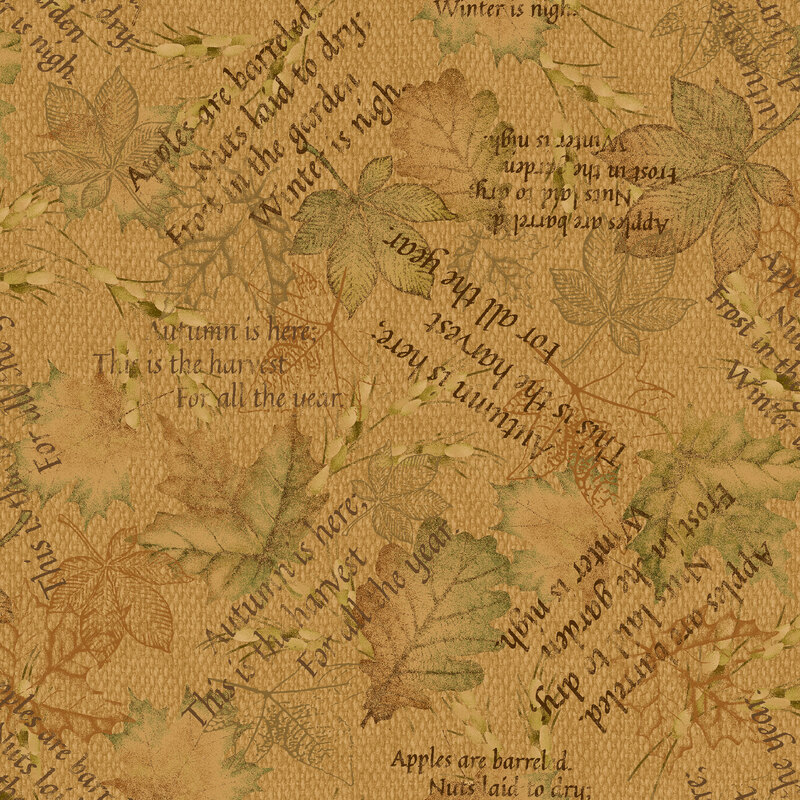 A camel tan woven textured fabric with printed leaves and autumn-themed text 