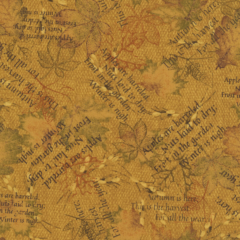 A camel tan woven textured fabric with printed leaves and autumn-themed text 
