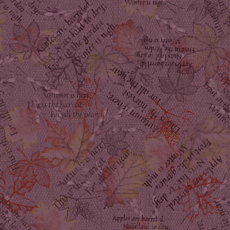 A muted mulberry woven textured fabric with printed leaves and autumn-themed text 