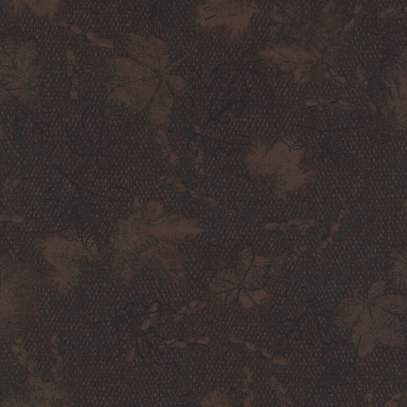 A carob brown woven textured fabric with printed leaves and autumn-themed text 