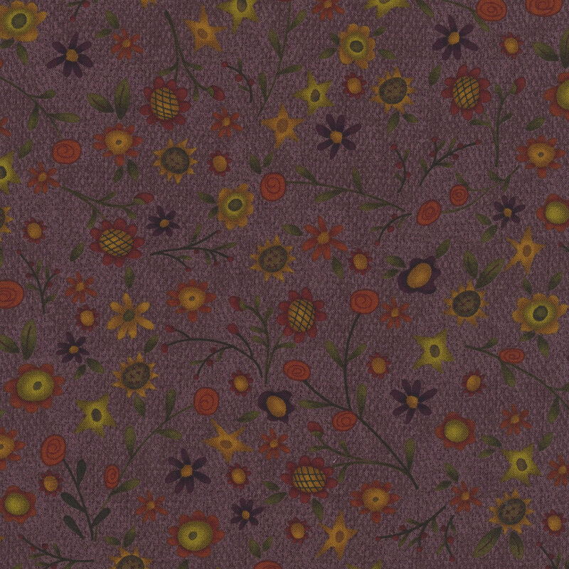 A muted mulberry woven textured fabric with orange, yellow, and brown assorted sunflowers