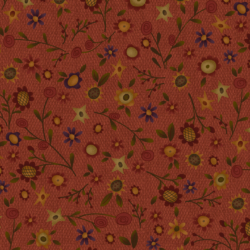 A russet orange woven textured fabric with orange, yellow, and brown assorted sunflowers