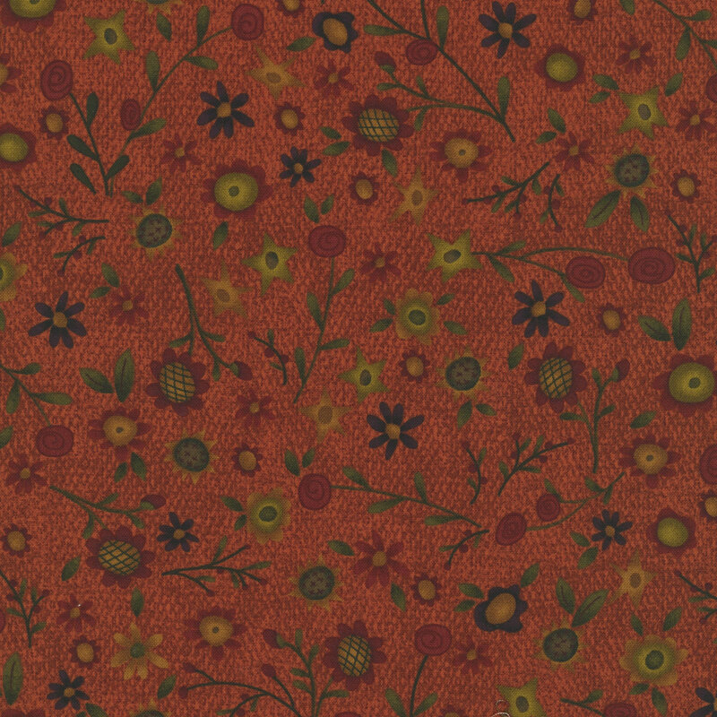 A russet orange woven textured fabric with orange, yellow, and brown assorted sunflowers