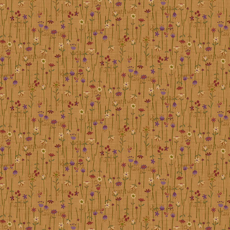 Purple, yellow, and red flowers and brown text over a textured gold background.