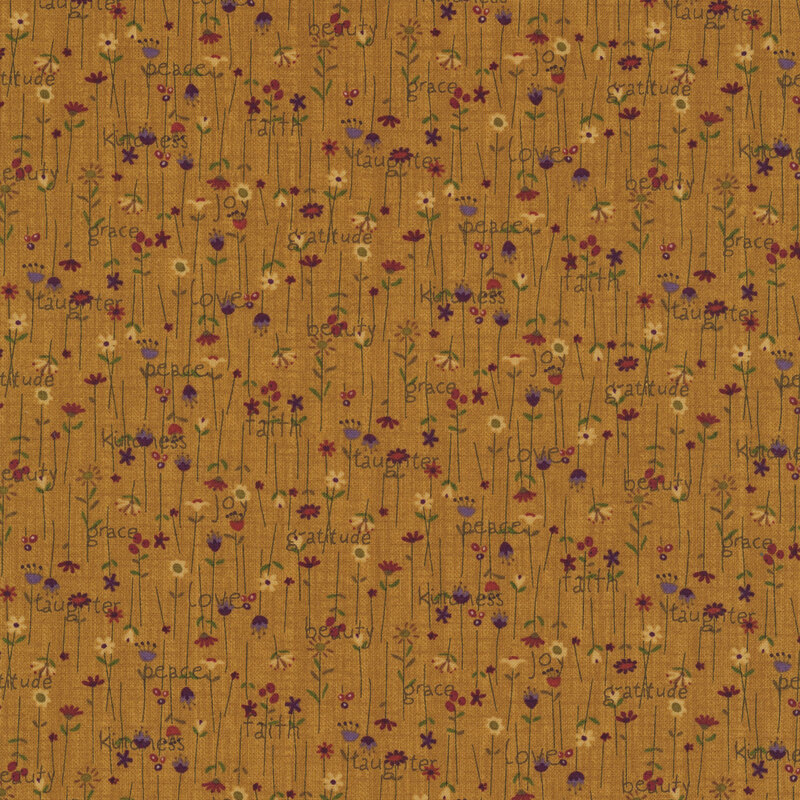 Purple, yellow, and red flowers and brown text over a textured gold background.