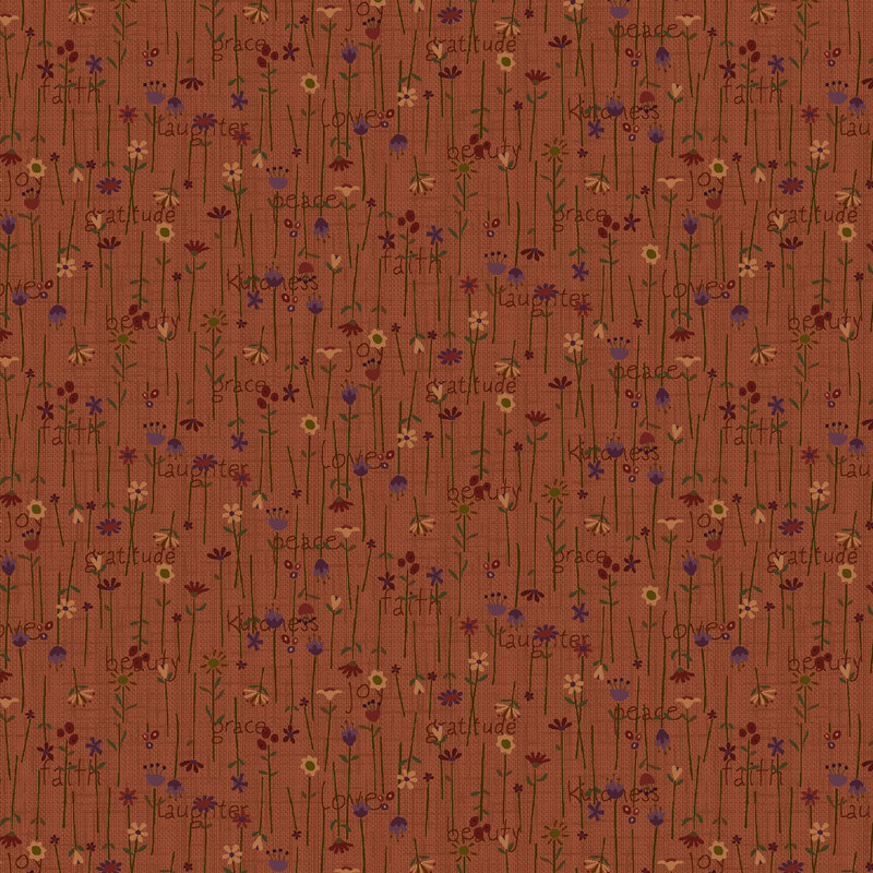 Purple, yellow, and red flowers and brown text over a textured burnt sienna background.