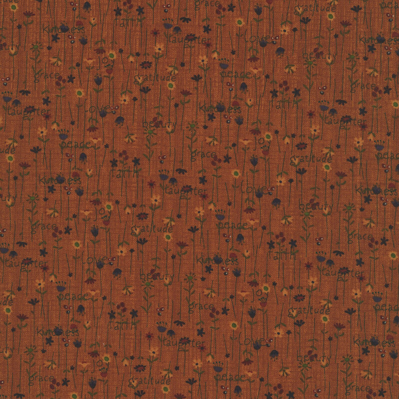 Purple, yellow, and red flowers and brown text over a textured burnt sienna background.