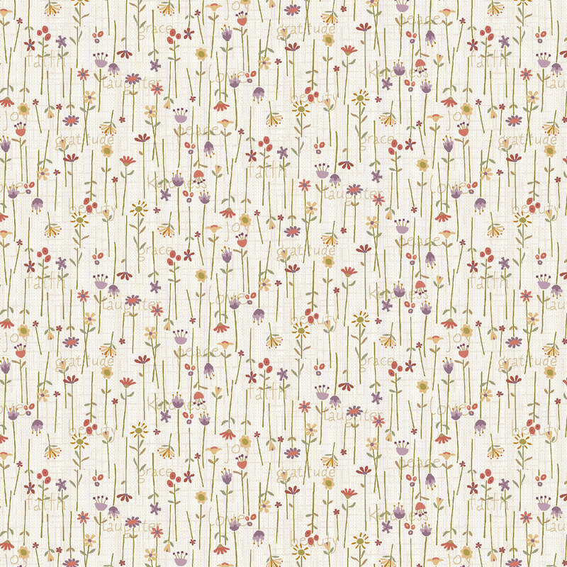 Muted purple, yellow, and red flowers and tan text over a textured cream background.