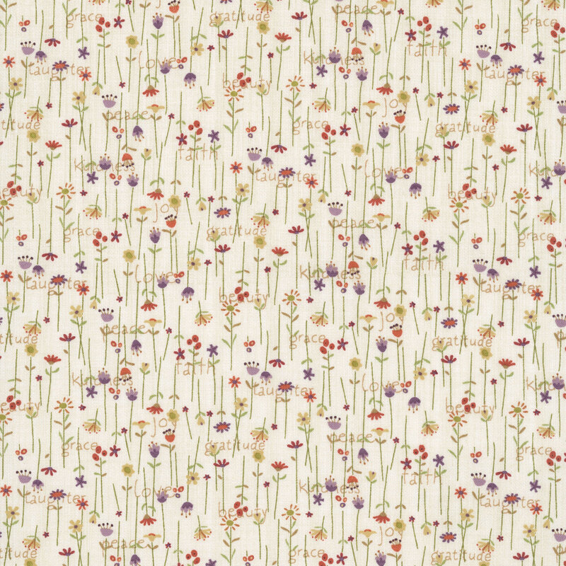Muted purple, yellow, and red flowers and tan text over a textured cream background.