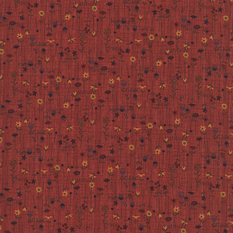 Purple, yellow, and red flowers and red brown text over a textured cinnamon red background.