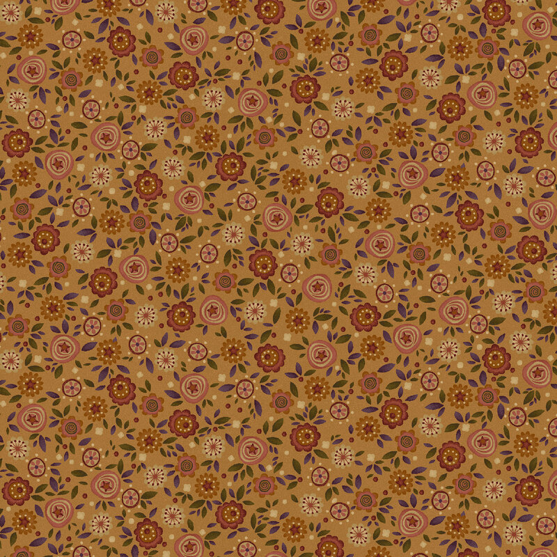 Dark gold fabric with a dense pattern of orange, cream, and red flowers with green and purple leaves
