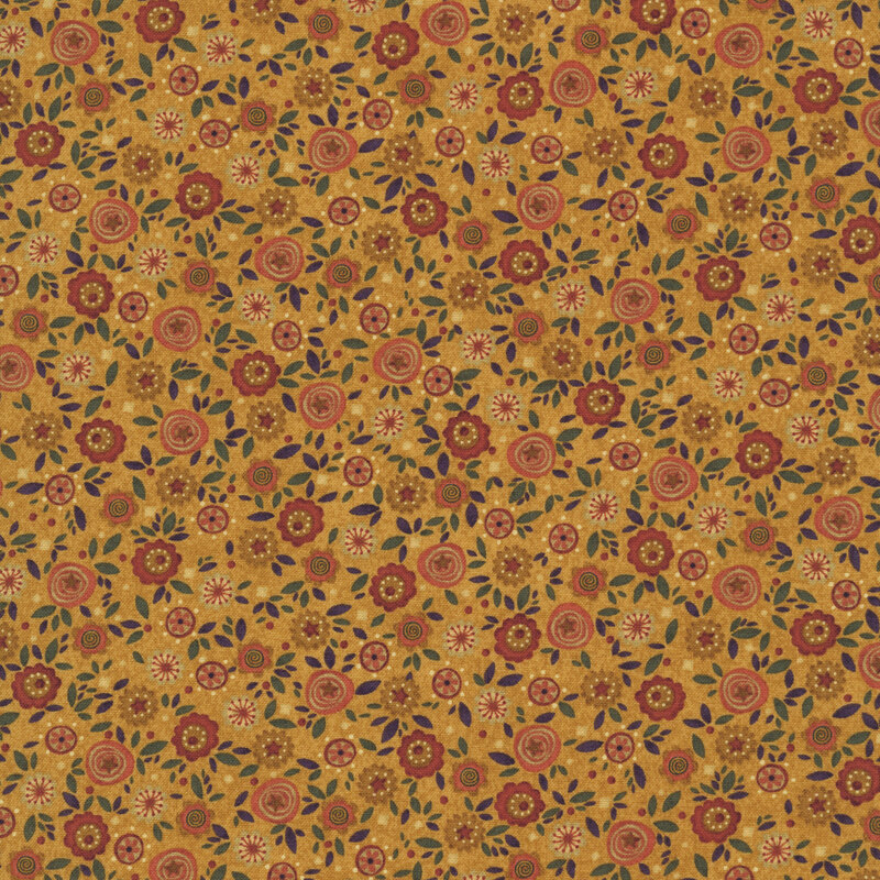 Dark gold fabric with a dense pattern of orange, cream, and red flowers with green and purple leaves