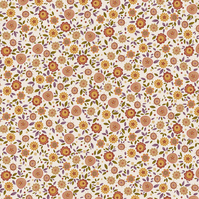 Cream fabric with a dense pattern of orange, yellow, and coral flowers with green and purple leaves