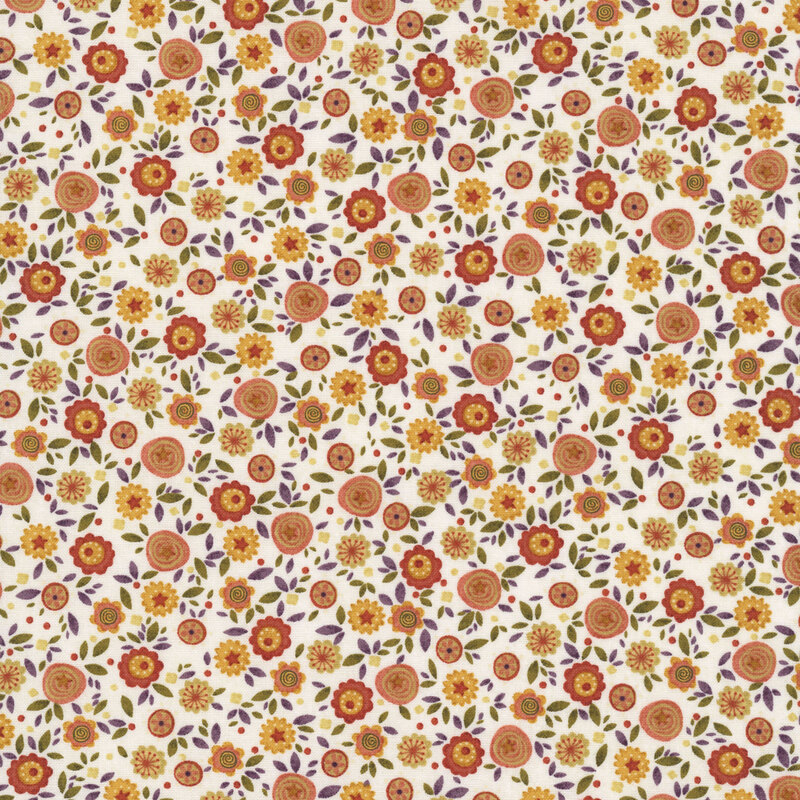 Cream fabric with a dense pattern of orange, yellow, and coral flowers with green and purple leaves