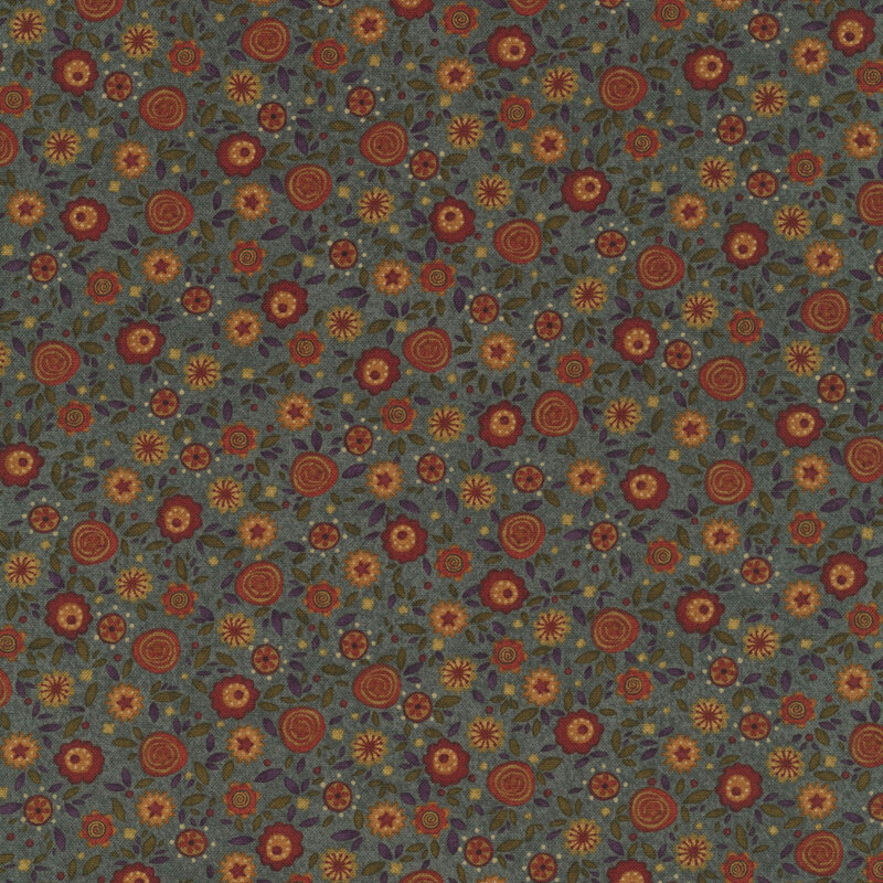 Dark gray blue fabric with a dense pattern of orange, tan, and red flowers with brown and purple leaves