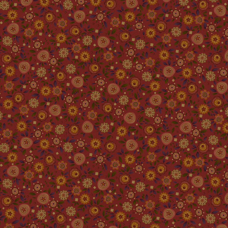 Cinnamon red fabric with a dense pattern of orange, beige, and coral flowers with green and purple leaves