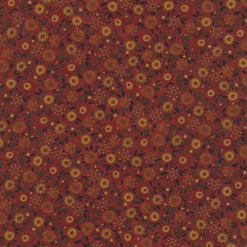 Cinnamon red fabric with a dense pattern of orange, beige, and coral flowers with green and purple leaves