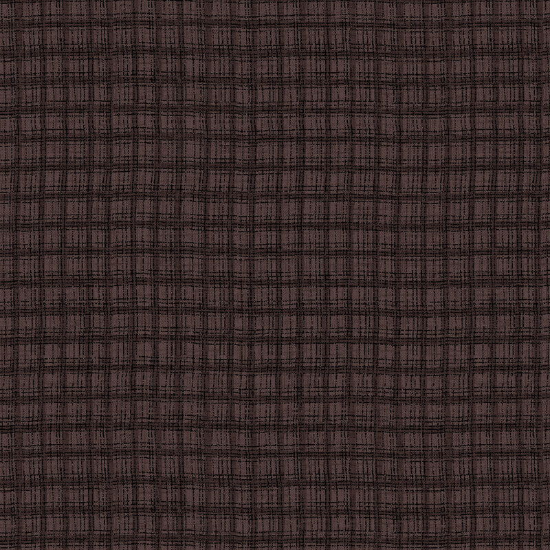 Carob brown fabric with a brown black textured thatched plaid pattern