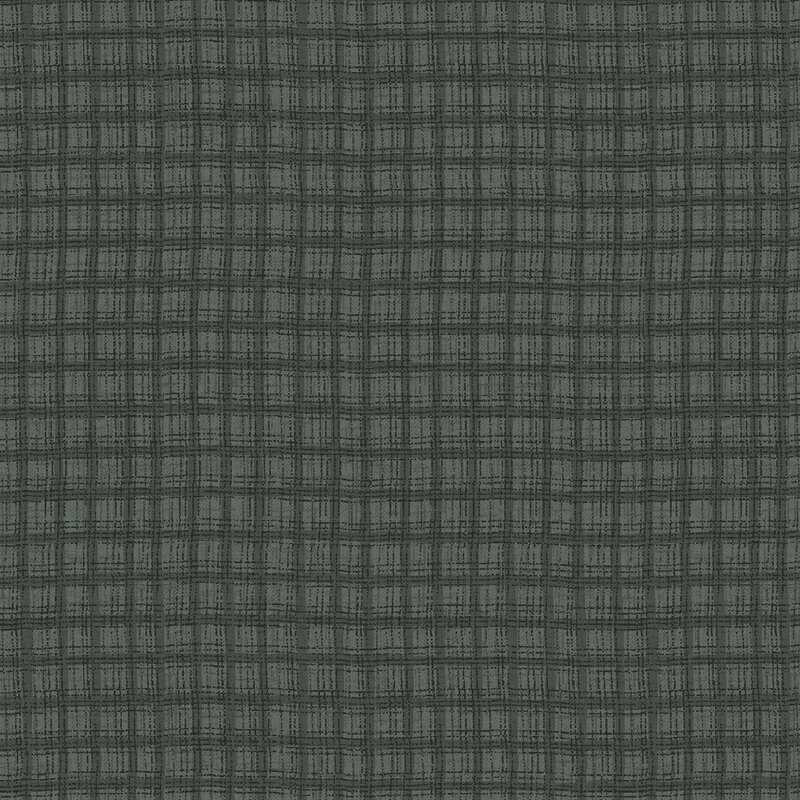 Grey blue fabric with a dark laurel textured thatched plaid pattern