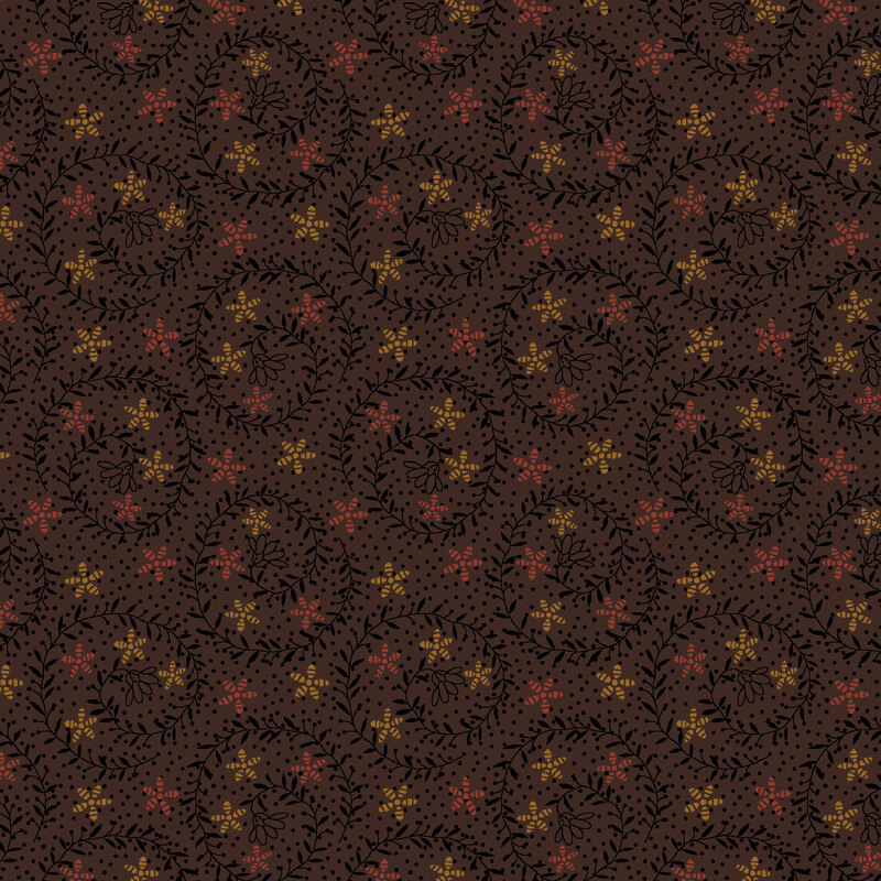 Carob brown fabric featuring swirling dark brown vines with orange and gold stars