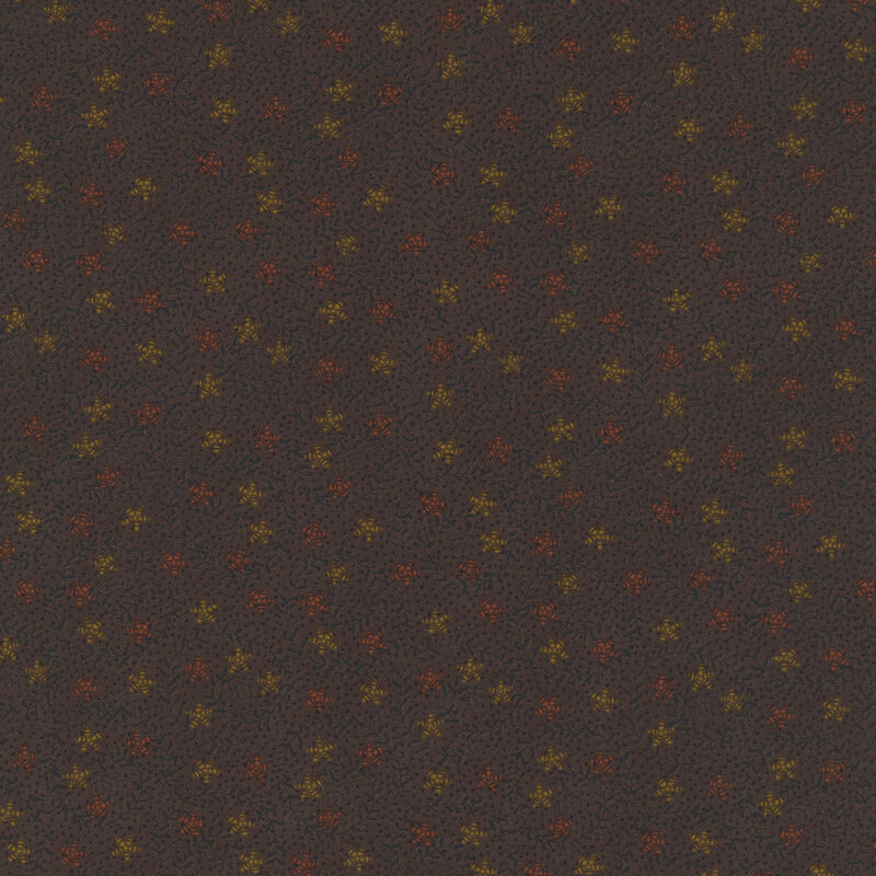 Carob brown fabric featuring swirling dark brown vines with orange and gold stars