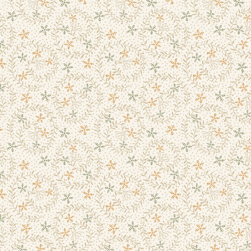 Cream fabric featuring swirling beige vines with orange and gray stars