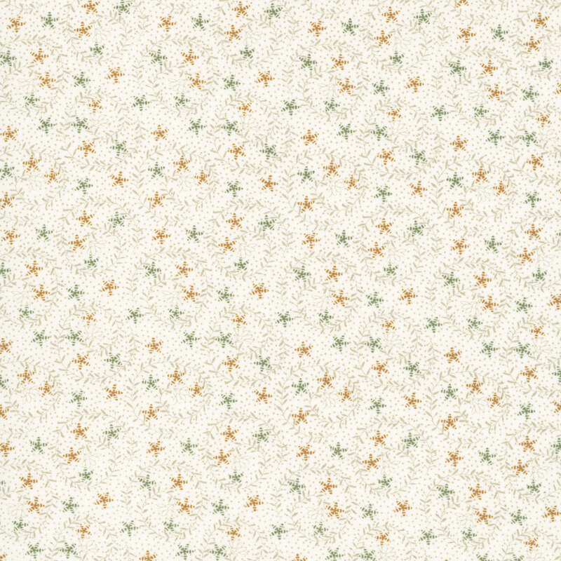 Cream fabric featuring swirling beige vines with orange and gray stars