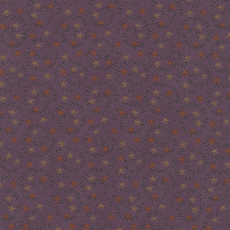 Purple fabric featuring swirling eggplant purple vines with orange and gold stars