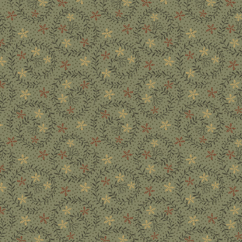 Sage green fabric featuring swirling pine green vines with orange and yellow stars