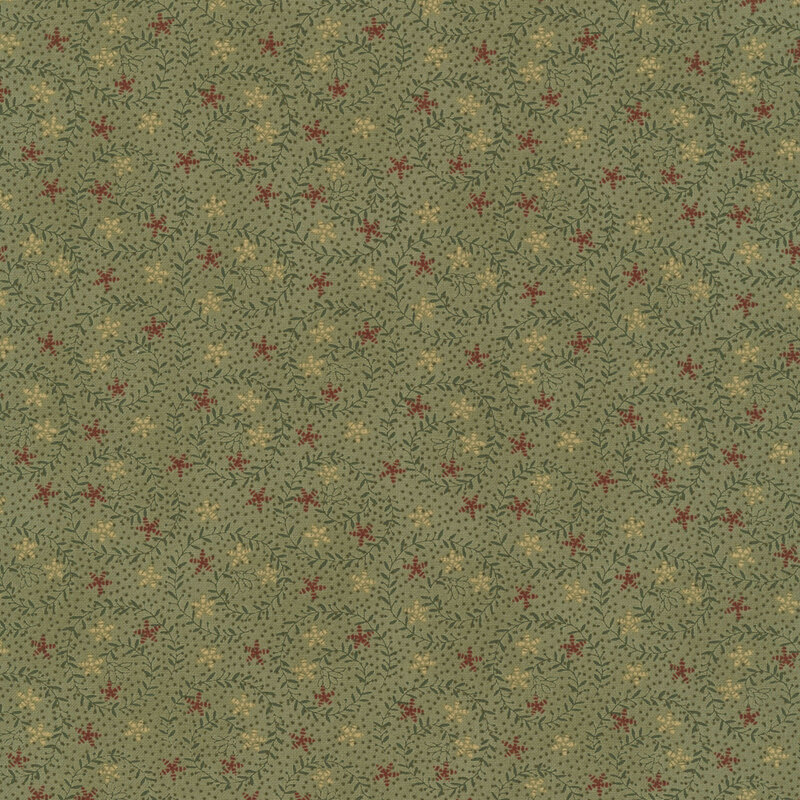 Sage green fabric featuring swirling pine green vines with orange and yellow stars
