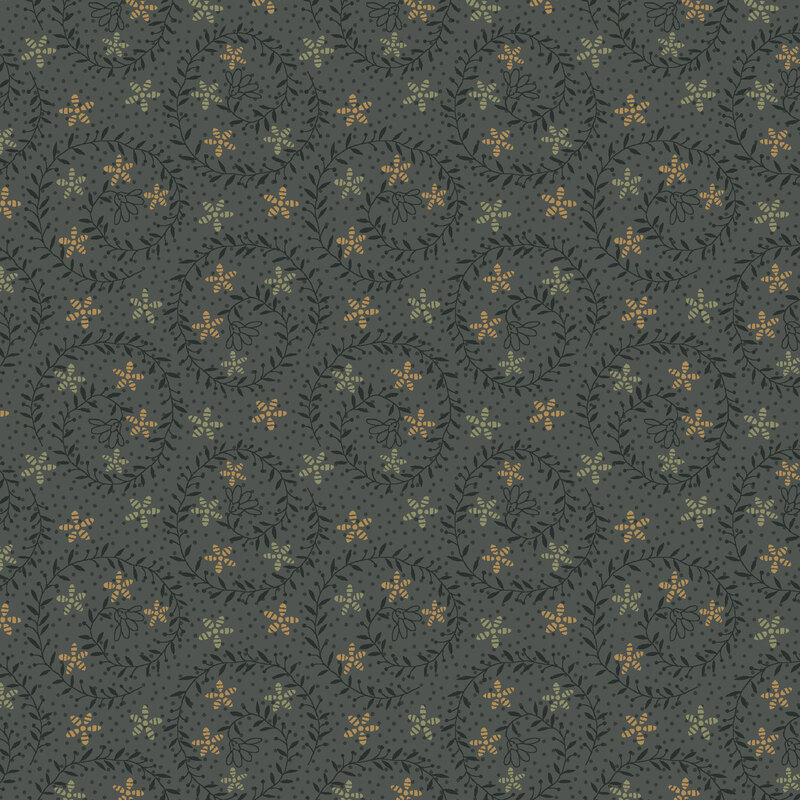 Dark denim blue fabric featuring swirling navy vines with sage and yellow stars