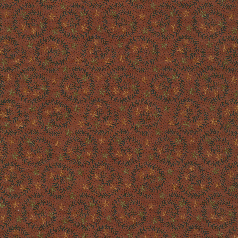Brick red fabric featuring swirling charcoal vines with orange and sage stars