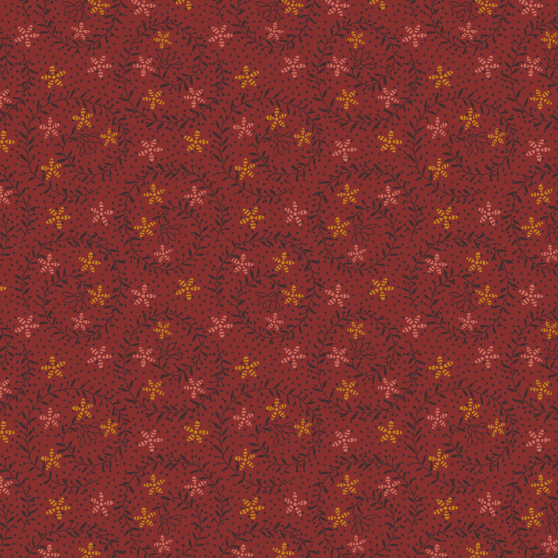 Auburn fabric featuring swirling beige vines with coral and gold stars