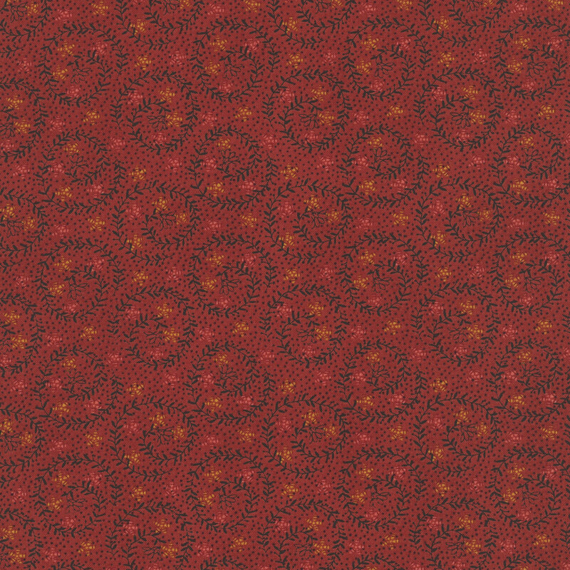 Auburn fabric featuring swirling beige vines with coral and gold stars