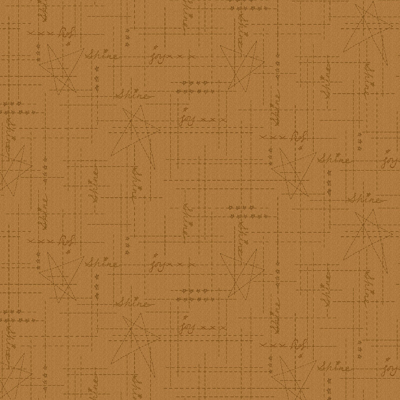 Gold fabric with brown criss cross dotted lines, stars, and the words 