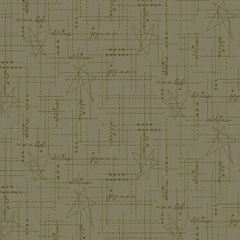 Sage green fabric with olive criss cross dotted lines, stars, and the words 