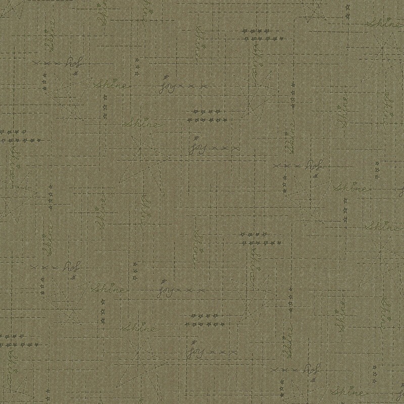 Sage green fabric with olive criss cross dotted lines, stars, and the words "Shine" and "Joy"