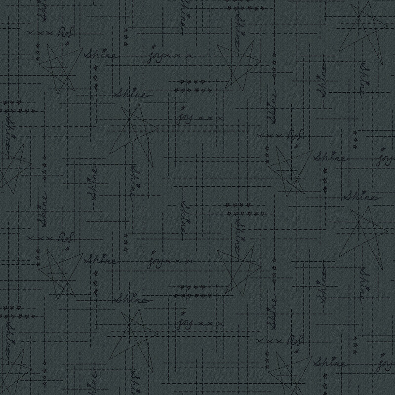Dark denim blue fabric with navy criss cross dotted lines, stars, and the words 