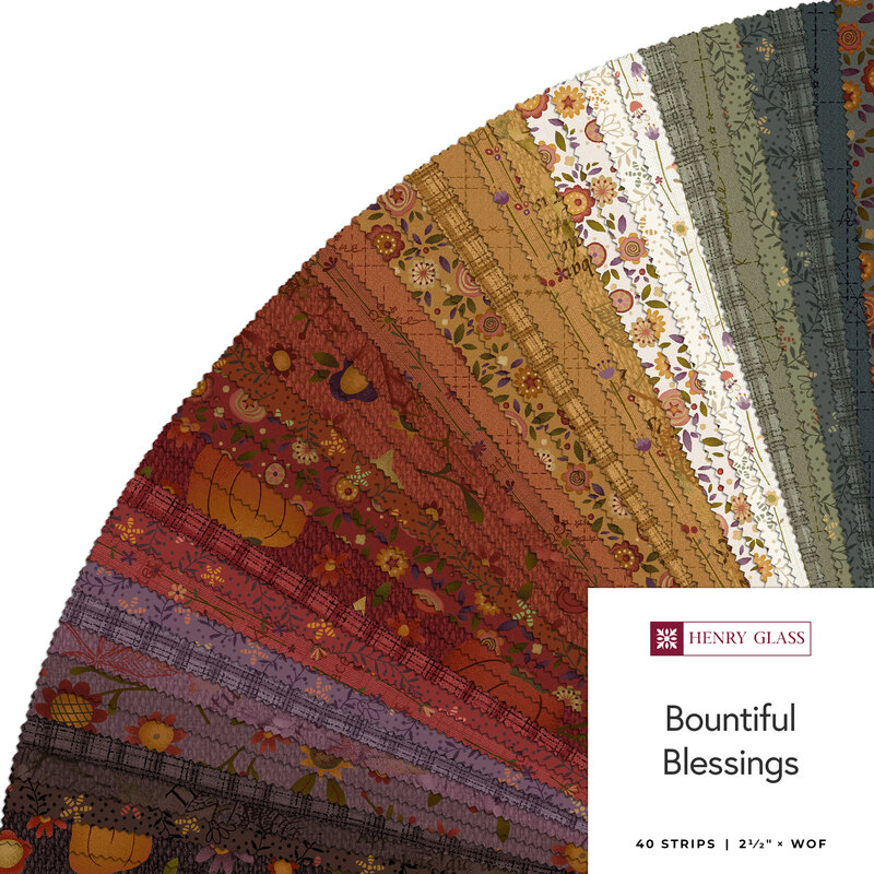 Fanned out collage of fabrics in the Bountiful Blessings collection in purple, red, orange, yellow, cream, green, and navy.