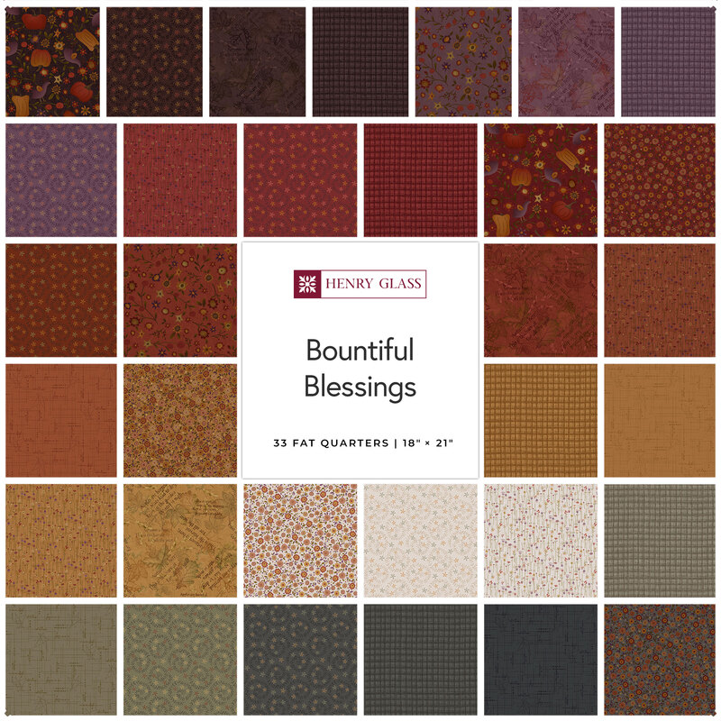Collage of fabrics in the Bountiful Blessings collection in purple, red, orange, yellow, cream, green, and navy.