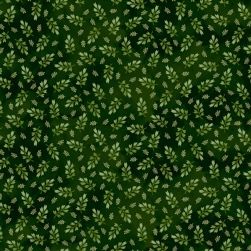 mottled hunter green fabric featuring a ditsy print of medium and light green leaves