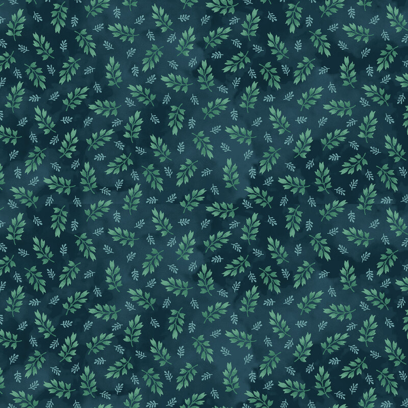 mottled dark teal fabric featuring a ditsy print of jade green and aqua leaves