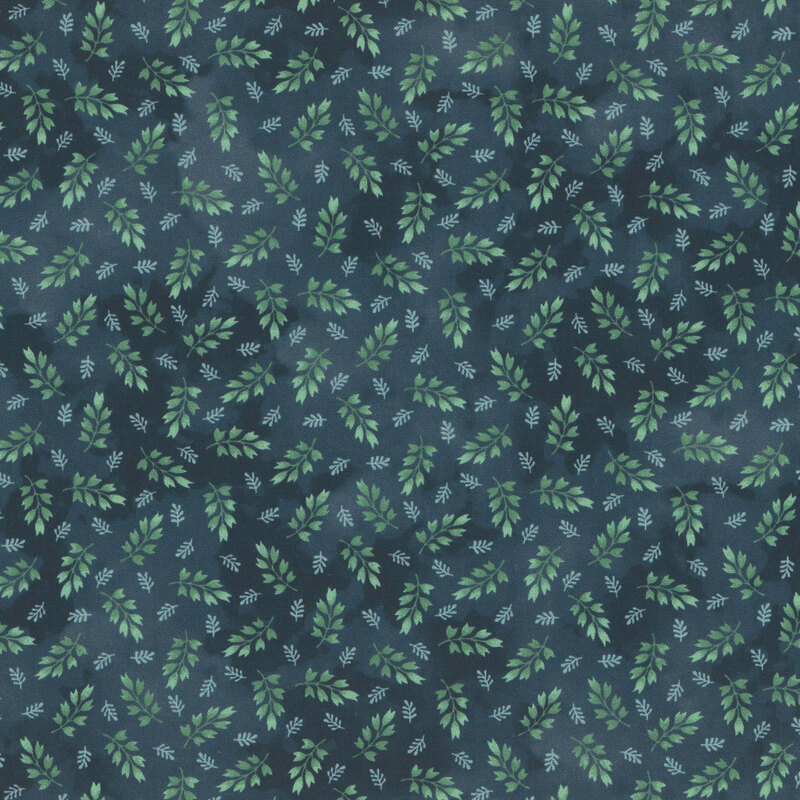 mottled dark teal fabric featuring a ditsy print of jade green and aqua leaves
