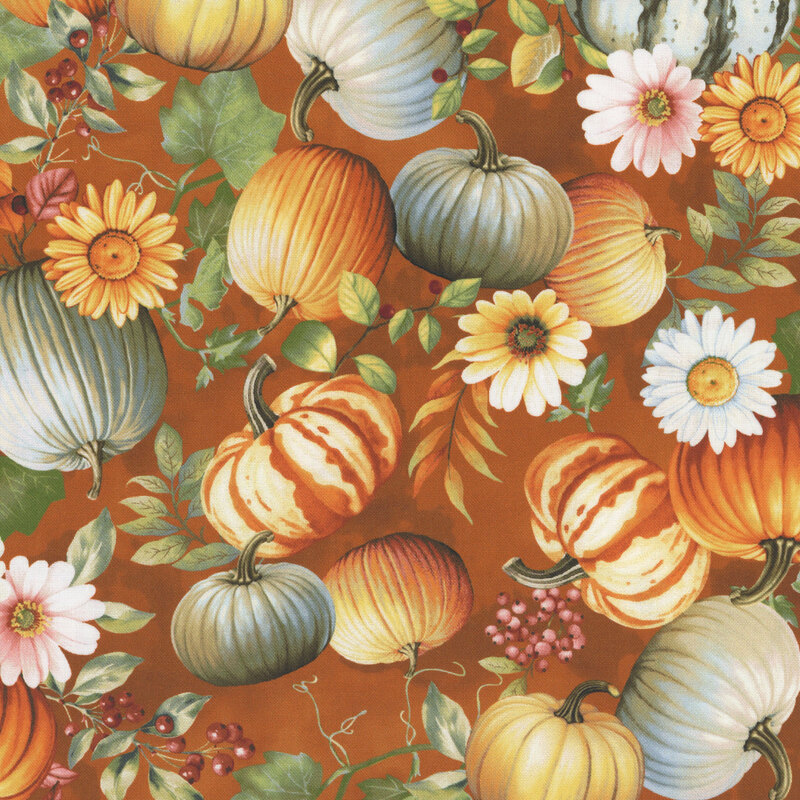 pumpkins, gourds, daisies, and berries tossed on a mottled dark pumpkin orange background