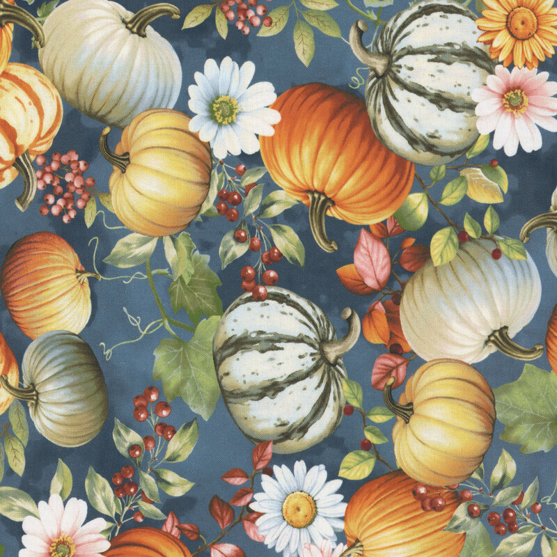 pumpkins, gourds, daisies, and berries tossed on a mottled dark teal background