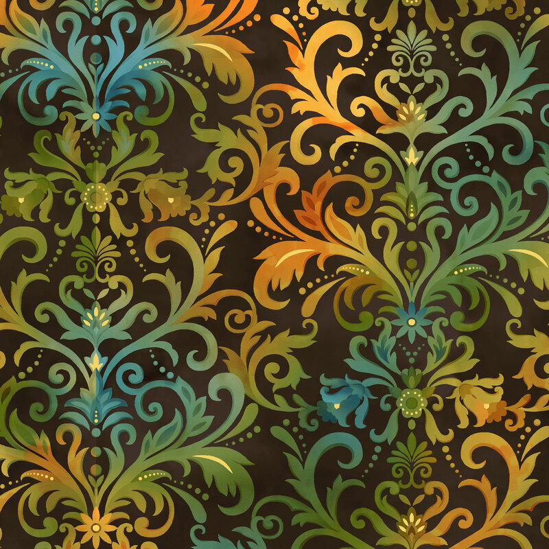 damask pattern in a gradient of teal, green, and orange on a mottled dark brown background