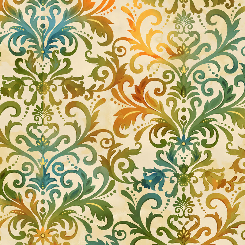 damask pattern in a gradient of teal, green, and orange on a mottled cream background