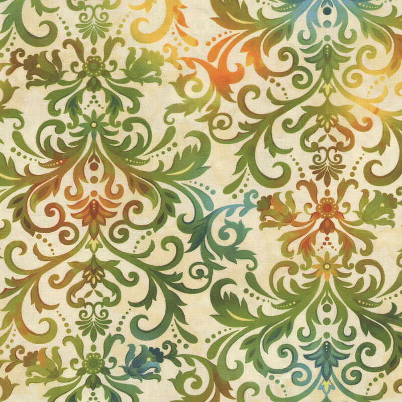 damask pattern in a gradient of teal, green, and orange on a mottled cream background