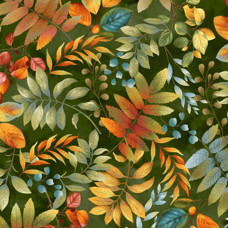 fall leaves beginning to turn from green to orange tossed on a mottled hunter green background
